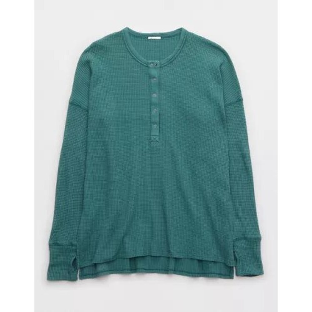 OFFLINE By Aerie Wow! Waffle Henley T-Shirt Long Sleeve Thumbholes Green Small